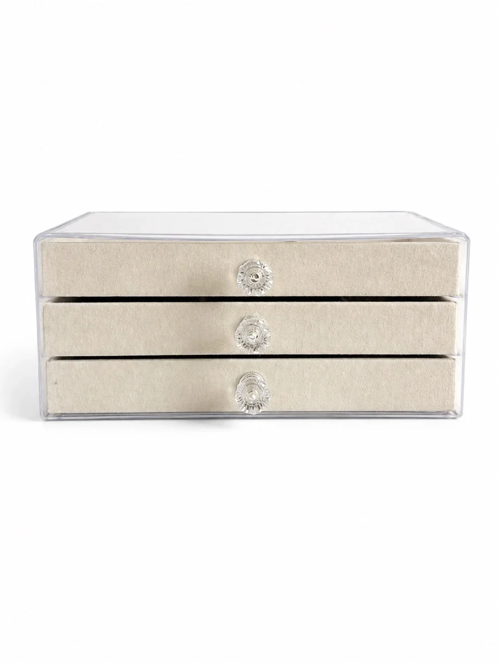 Beige Velvet 3-Drawer Jewelry Organizer - Clear Acrylic Case